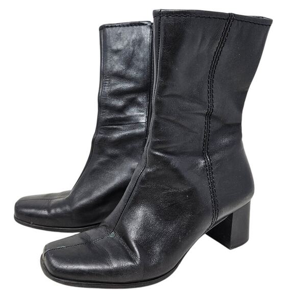 Vintage Y2K 6.5 Black Leather Square Toe Minimalist Whimsygoth Boot Grunge - Picture 1 of 6